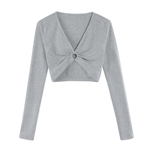 NEVA HU黑色V领性感辣妹上衣女设计感秋季长袖打底衫短款露脐T恤