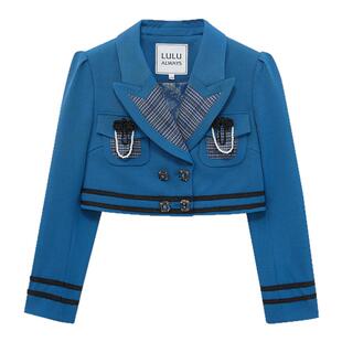 我爱露露LULUALWAYS秋季时尚双排扣西装蓝色短款外套女