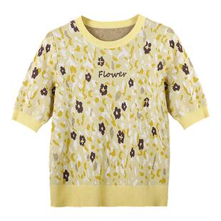 美佰俪高级感天丝提花针织衫女中袖2025秋季新款圆领宽松休闲上衣