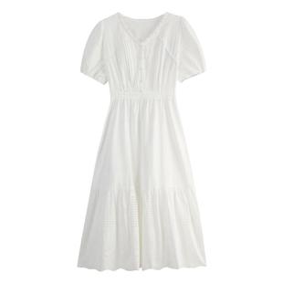 highday轩日夏季法式镂空修身女裙长裙韩系V领白色短袖收腰连衣裙