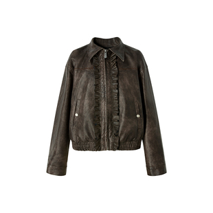 【浮木生花】Uena明星同款咖色双排木耳边擦色皮衣宽松廓形外套女