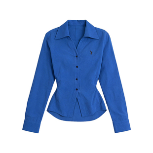 港风复古~高级感宝蓝色翻领长袖衬衫女春季气质显白修身收腰衬衣