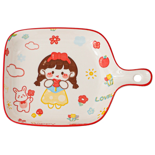 卡通陶瓷烤盘釉下彩儿童可爱手柄盘微波炉烤箱专用菜盘家用单柄盘