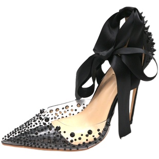 新款透视PVC黑色铆钉尖头丝绸脚环绑带12cm高跟宴会性感高跟凉鞋