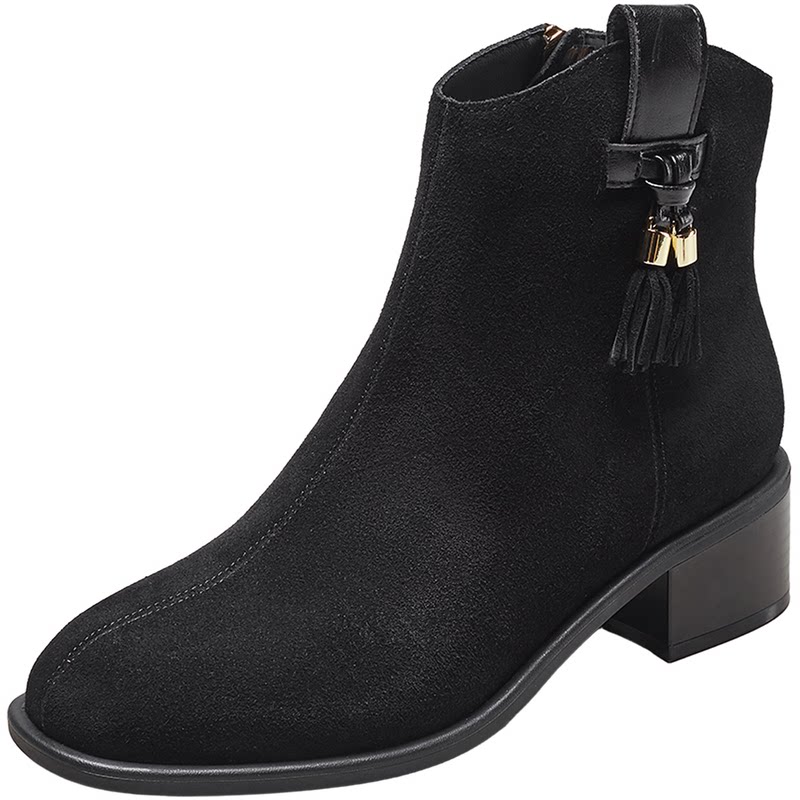 意尔康女鞋2025冬季休闲加绒短靴粗跟气质显瘦复古及踝靴女士磨砂