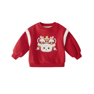 女童加绒卫衣秋冬2026红色衣服春秋薄绒宝宝加厚中式国风套头上衣