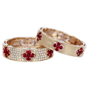 Lucky四叶草G18K玫瑰金天然鸽血红宝石戒指 满圈真钻石彩金手饰女