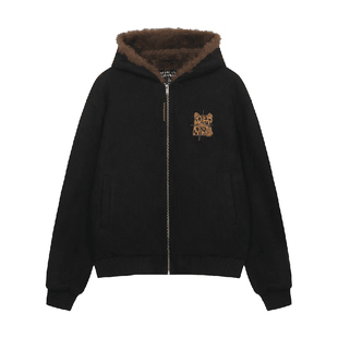 BIPOLAR猫耳豹纹毛领棉服座山雕潮流宽松情侣连帽保暖上衣外套男