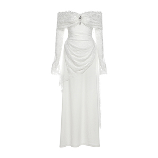 怪诞女孩 法式浪漫初恋蕾丝拼接一字肩连衣裙女 优雅性感礼服长裙