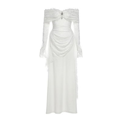 法式浪漫初恋蕾丝一字肩连衣裙女