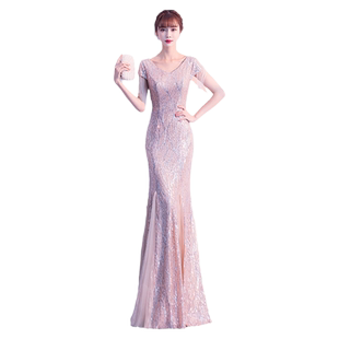 粉色晚礼服女高级感气质宴会高端亮片年会主持人连衣裙鱼尾长款