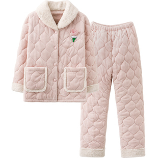 思莉太太睡衣冬季女款珊瑚绒三层夹棉加厚加绒冬天加棉超厚家居服