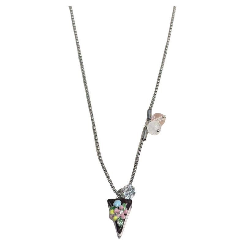 甜美少女珐琅彩釉粉色花朵巧克力蛋糕吊坠项链女三明治颈链毛衣链