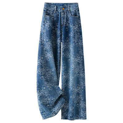 雅鹿印花蓝色阔腿牛仔裤2026新款