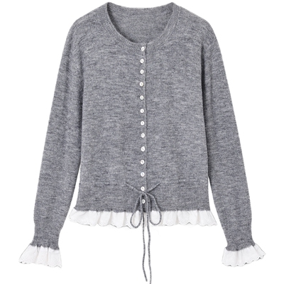 德玛纳甜美拼接撞色花边开衫女