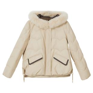 YINER音儿专选女装冬季短款90鸭绒保暖狐狸毛领连帽真皮羽绒服