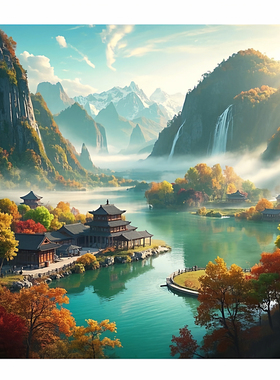 山水聚财自粘贴画风景贴纸
