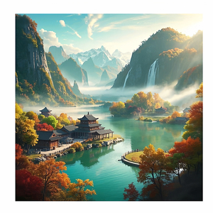 山水聚财自粘贴画风景贴纸