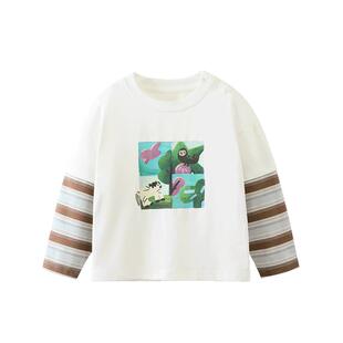 齐齐熊宝宝t恤长袖春秋款拼接假两件男童体恤圆领印花衫小童新款