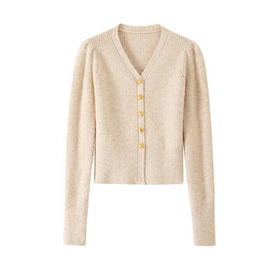 bananacici复古V领泡泡袖针织衫