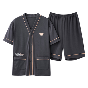 夏季短袖睡衣套装男士休闲薄款开衫和服家居服可外穿休闲爸爸舒适