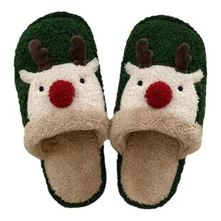 细细条 可爱圣诞麋鹿棉拖鞋女冬ins时尚居家防滑情侣毛绒绒棉鞋男