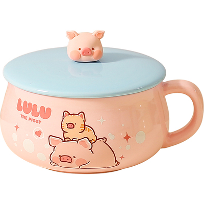 川岛屋&lulu猪泡面碗带盖陶瓷碗