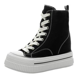 超高跟隐形内增高13cm厚底帆布鞋女恨天高休闲松糕百搭黑色高帮鞋