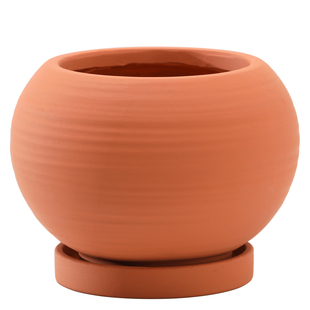 创意鼓圆形手工拉丝陶瓷花盆纯色系带底盘陶土罐粗陶吊篮绿植盆栽