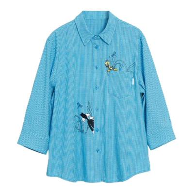 【现货】Rouje Life宋祖儿同款蓝色格子卡通刺绣衬衫宽松百搭上衣