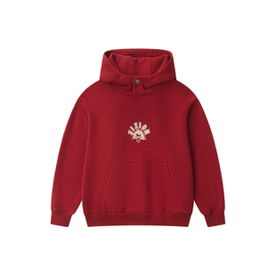 VISION KIDS 美式复古新年红色宽松抓绒连帽卫衣男女儿童童装秋冬