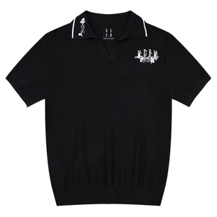 MEDM多色混纺V领宽松POLO毛衣短袖领口刺绣玫瑰百搭简约休闲T恤夏