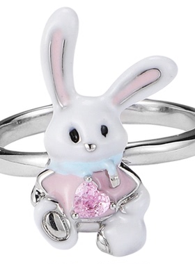 原创小众设计轻奢高级感可爱粉白兔子戒指女2025新款爆款开口戒环