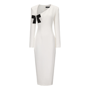 [甄选5折]NanaJacqueline蝴蝶结连衣裙肌理感薄垫肩收腰西装长裙