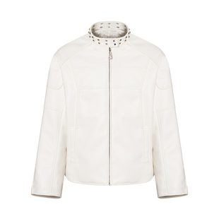 JYOSEI角色原创白色PU皮宽松廓形铆钉立领机车皮衣夹克夹棉外套女