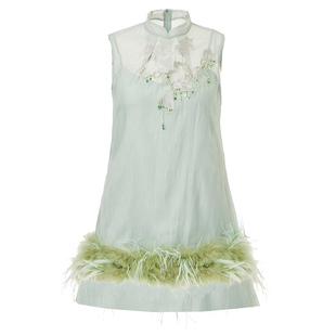 毛哩MOOLY 玉色新中式珠绣刺绣花网纱旗袍连衣裙+半裙