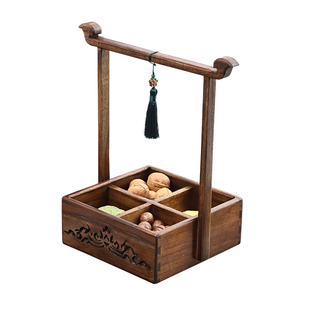 异丽复古实木果盘客厅茶几干果盒家用新中式糕点提篮结婚分格盘