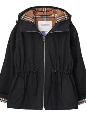 自营Burberry/博柏利 女士黑色棉质格纹内衬连帽长袖夹克