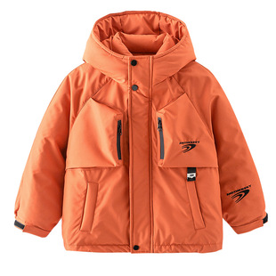 男儿童橘红色90白鸭绒羽绒服冲锋衣冬装新款男孩连帽鸭绒外套黑色