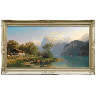 高档别墅客厅风景油画欧式手绘玄关装饰画  世界名画卢塞恩湖N256