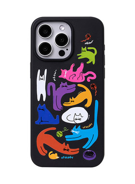 Ufology原创磁吸适用iPhone15promax手机壳14pro苹果13猫咪12全包11可降解可爱支架卡包黑色插画新款16promax