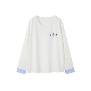 时然大码女装撞色条纹拼接T恤25秋季新款微胖mm显瘦圆领长袖上衣