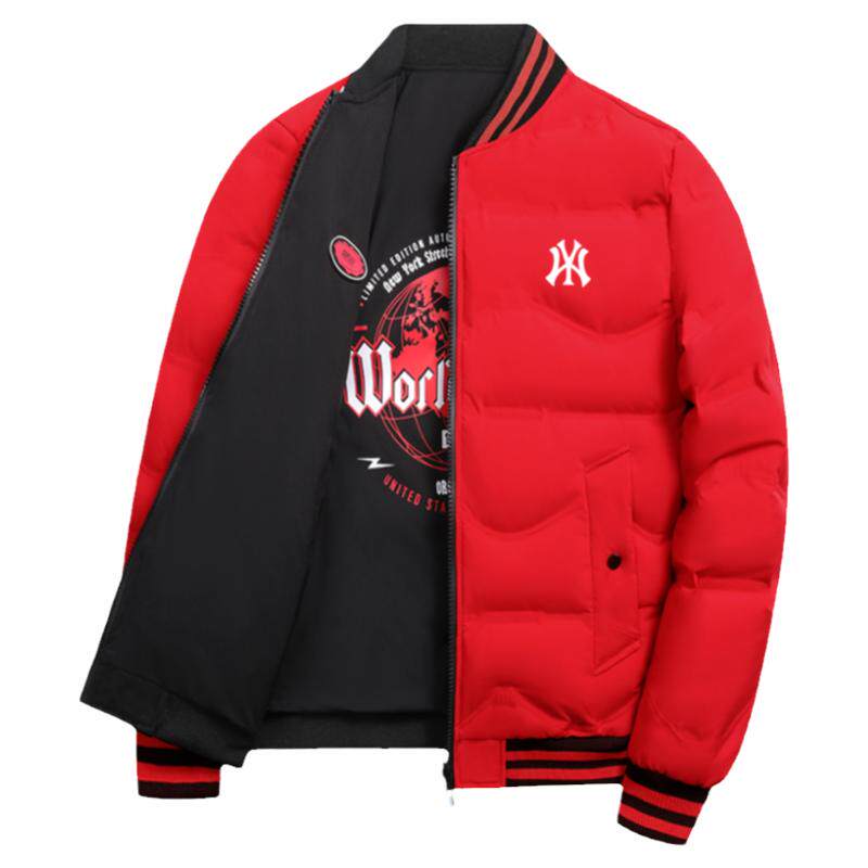 奥特莱斯冬季羽绒服男款外套白鸭绒红色双面穿时尚立领棒球服冬装