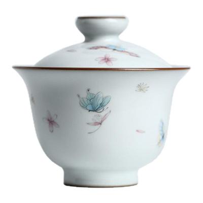 官窑汝窑景德镇粉彩蝶岩茶二才盖碗主人杯手工高端茶具容量180ml