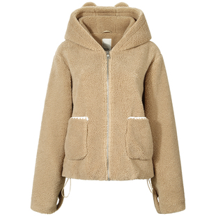 GUUKAHERO连帽小熊耳朵羊羔毛外套女秋冬 新款可爱宽松羊羔绒上衣