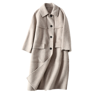 尚孚燕麦色双面羊绒大衣女中长款秋冬新款简约宽松毛呢外套