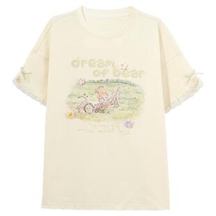 森女部落小个子减龄甜美宽松蕾丝白色短袖女T恤2026夏季新款上衣