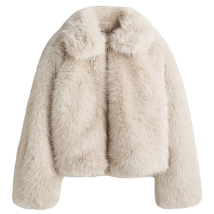 HM女装皮草冬季保暖长袖时尚气质毛毛外套有领皮草1315022