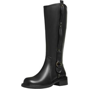 天美意机车复古骑士靴加绒长靴女鞋子高筒时装靴皮靴冬季新款