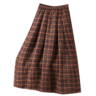 秋冬咖色加厚毛呢格子半身裙女2025冬季新款小个子a字长裙子冬裙